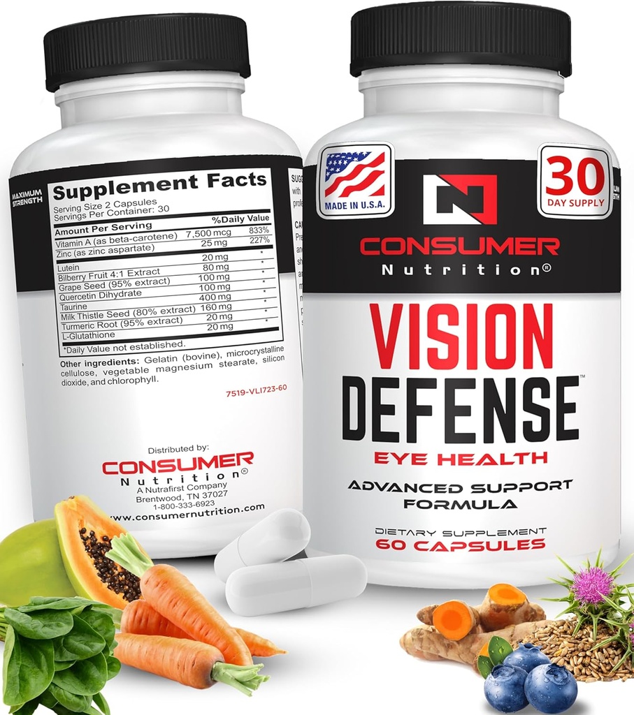 Integratori per la salute degli occhi per gli adulti - Supporti & Protegge la salute degli occhi con vitamina A, luteina, taurina, radice di curcuma, estratto di semi d'uva e semi di latte - Vision Defense 60 Ct