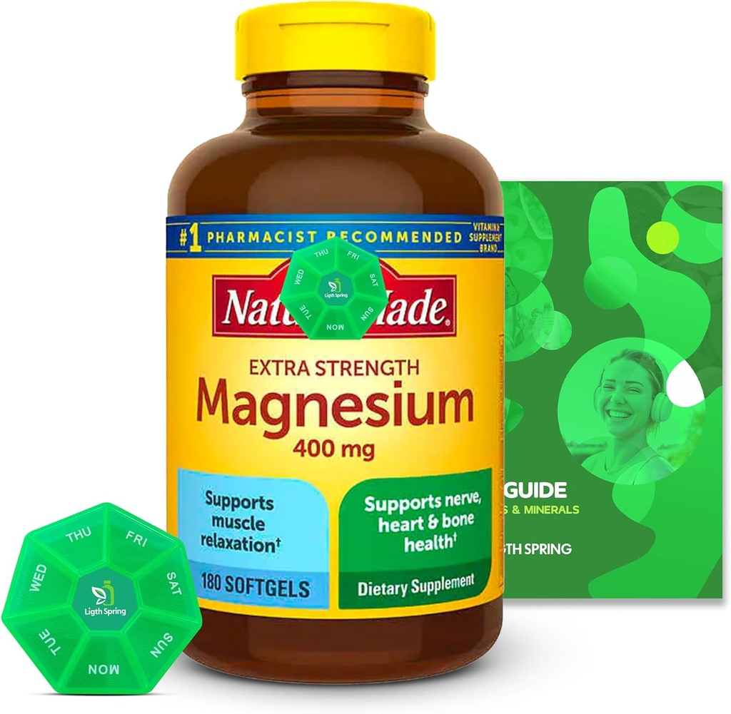 Magnesium 400mg 180 Count mit Bundle Exclusive Vitamine & Minerals - A bis Z - Bessere Ligth&Spring Guide + Wöchentliche Pille Organizer (3 Artikel)