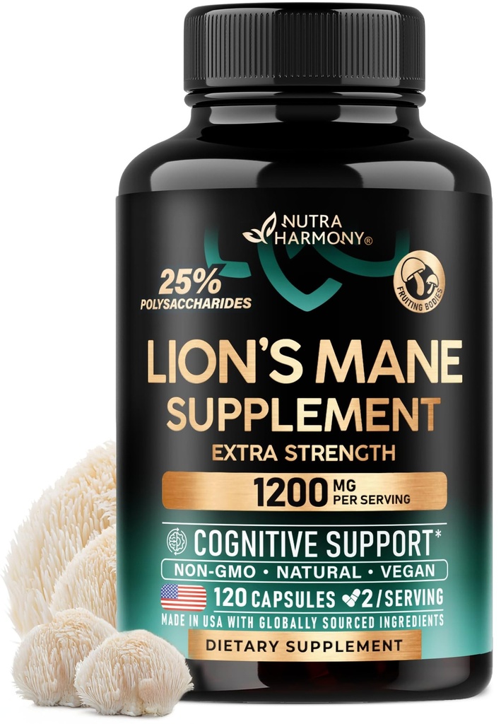 Leoni Mane Supplemento capsule - Organic Lions Mane - Made in USA - Estratto di corpi di frutto - 1200 mg, 25% Polysaccharides - Memory & Focus Support - Come Lions Powder - 120 capsule, 2 mesi di alimentazione