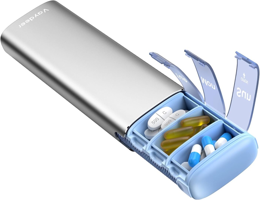 Vaydeer Metal Travel Pill Organizer, 7 Day Weekly Pill Box, Grande capacità Daily Cute Pill Case per Supplementi, Pillole, Vitamine e Farmaci (Small,Sliver)