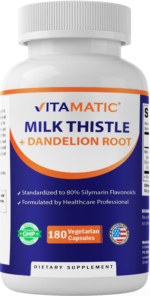 Vitamatic Milk Thistle with Dandelion Root – 50:1 Plant-Based Botanical Extract – Concentrated Herbal Capsules – Vegetarian, Non-GMO, Gluten-Free – 180 Capsules