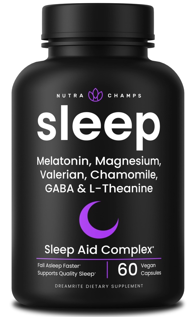 NutraChamps 10-in-1 natürliche Schlafhilfen für Erwachsene - Melatonin, Lemon Balm 1000mg, Kamille 400mg, Valerian Root 600mg, L Theanine, L Tryptophan, GABA, Magnesium Schlafhilfe