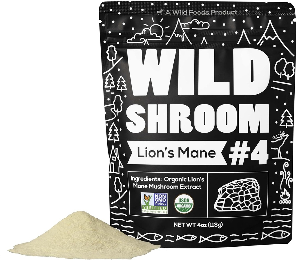 Wild Foods Lions Mane Powder Pilze Extrakt 10:1 | Bio Pilzpulver | Adaptogenic Nootropic Kräuter für Gehirn Gesundheit, Gedächtnis und Fokus (4 Unze (Pack von 2))