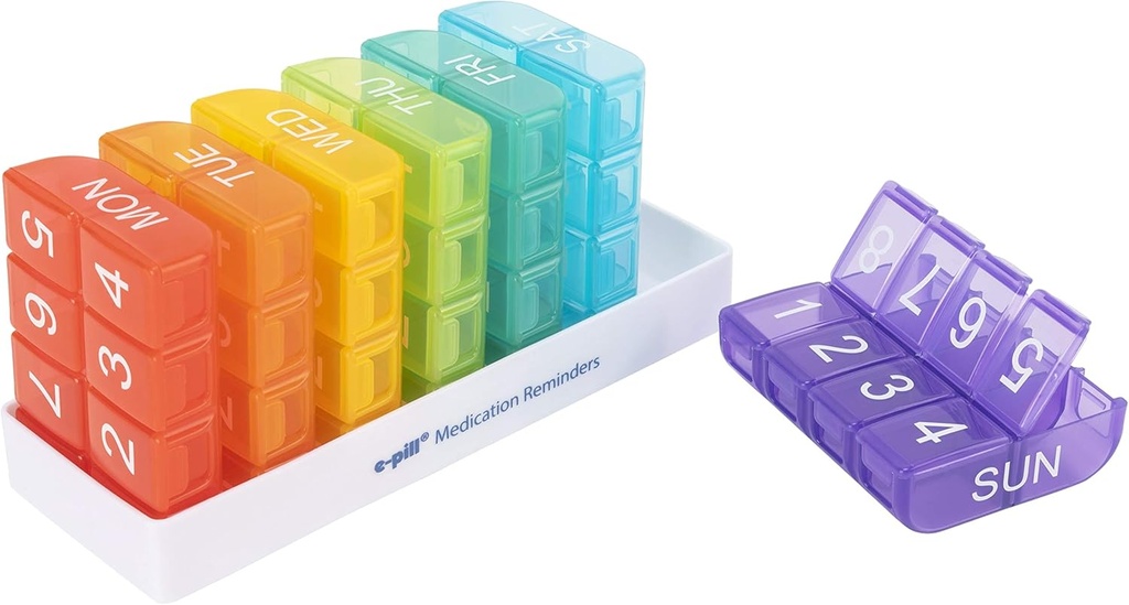 e-Pill 8 fois par jour x 7 jours hebdomadaire Pill Organizer, Vitamine and Medicine Box - Multicolore