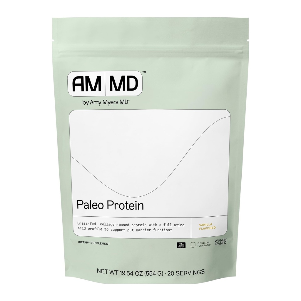 Amy Myers MD en poudre de protéines de paléo - avec des peptides de collagène pour la santé des intestins - Supporte les cheveux, la peau et les ongles - Non-OGM, sans gluten, sans lait et plus - Vanilla Bean - 19,54 oz (20 portions)