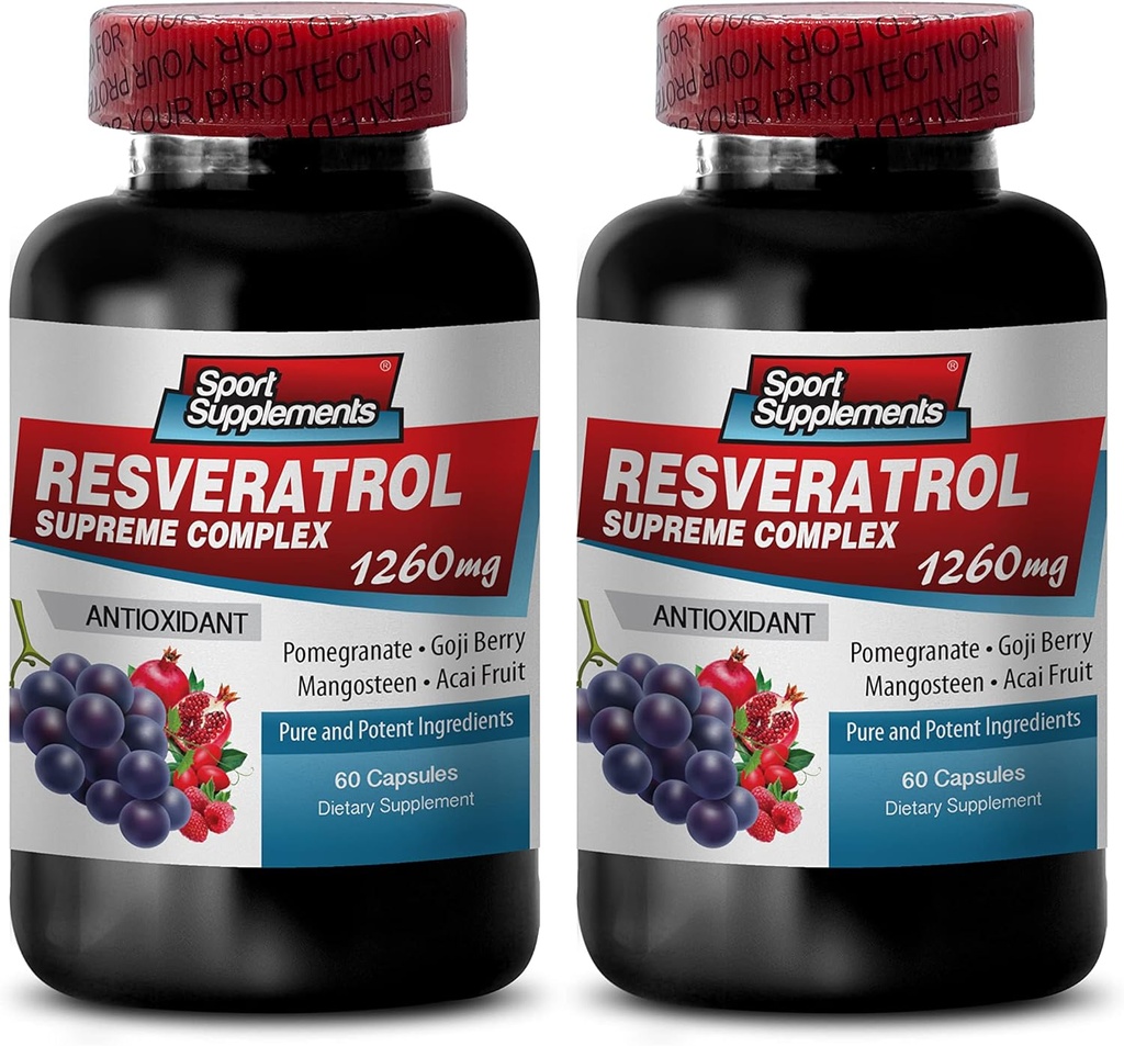 Resveratrolo Supreme 1200mg Massima Forza Più 1200 Integratori di Vino Rosso, Resveratrolo Integratore Vino rosso, Resveratrolo antiossidante, Vino rosso Estratto con resveratrolo, Uva di Vino rosso Seme 2 Bottiglie
