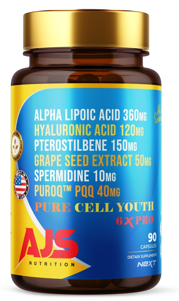AJS Pure Cell Youth 6X PRO, 90 Kapseln -PQQ 40mg, R-Lipoic Acid 360mg, Natriumhyaluronat 120mg, Pterostilbene 150mg, Grape Seed Extract 50mg, Spermidin 10mg