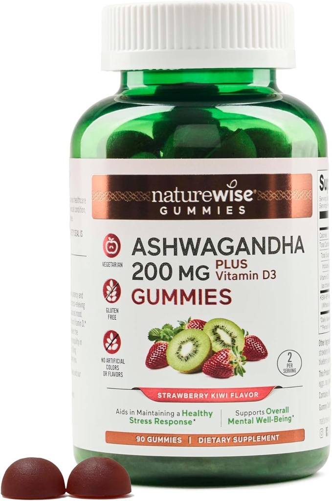 NatureWise Ashwagandha Gummies - Erdbeere Kiwi - KSM-66 mit Vitamin D3 - Calming Mood Support - Vegetarisch - Non-GMO, Gelatine und Glutenfrei - 90 Count[45-Day Supply]