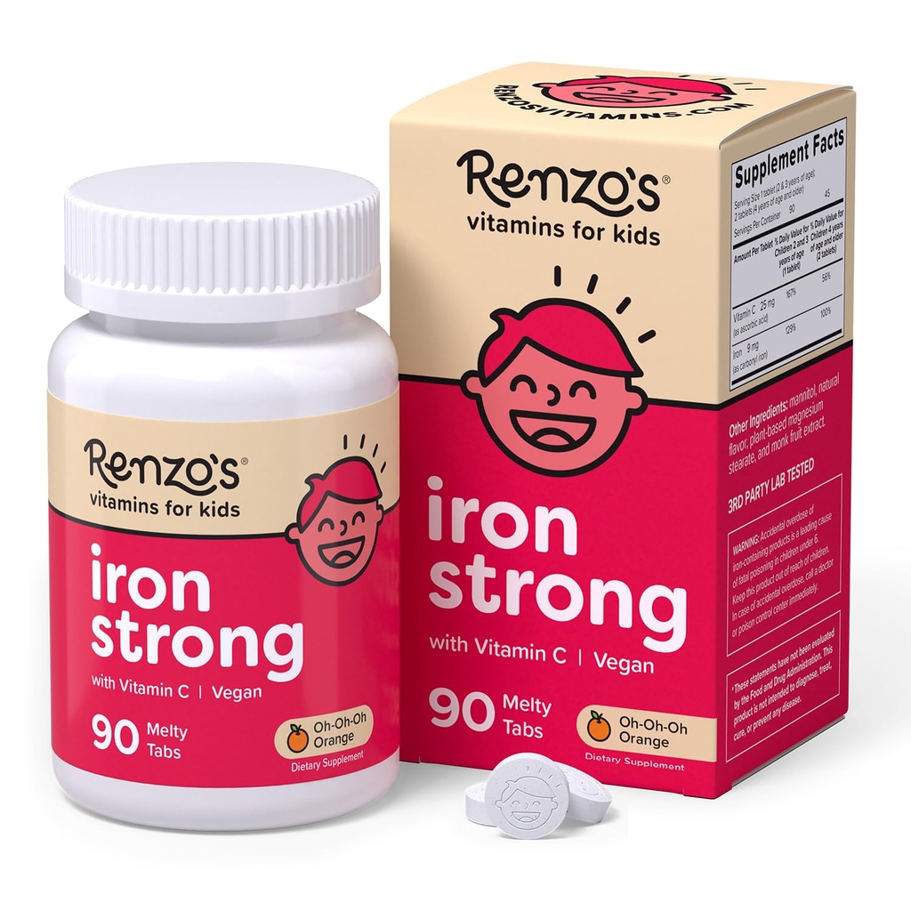 Renzo's Eisen Ergänzungen für Kinder, Auflösbare Vegan Kinder Eisen Ergänzung mit Vitamin C, Zuckerfreie Melty Tabs, Orange Flavor, 90-Count