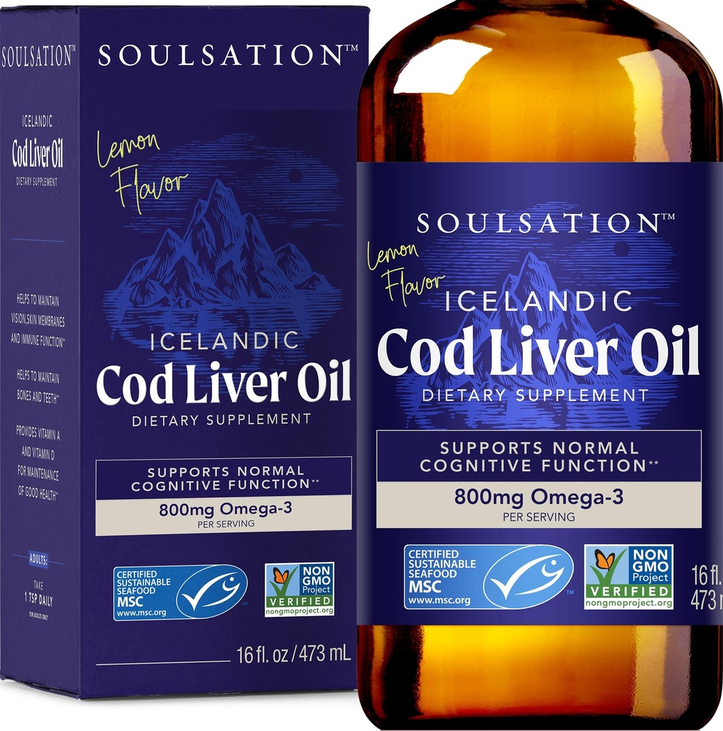Icelandic Cod Liver Oil Liquid, Lemon (16oz) - Vitamine A & D, EPA & DHA - Hilft Vision, Hautmembranen & Immunfunktion - MSC zertifiziert, Non-GMO