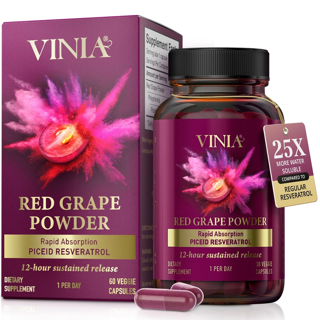 VINIA Supplément de 12 heures de résvératrol des picides. Booster à oxyde nitrique. Soutient la santé cardiaque, le flux sanguin, Boost Oxygen Superfood Powder, Keto Friendly. Vegan & non-OGM. 60 jours d'approvisionnement