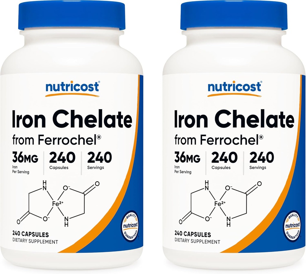 Nutricost Fer chélaté, As Ferrochel, 36mg, 240 Capsules (2 bouteilles)