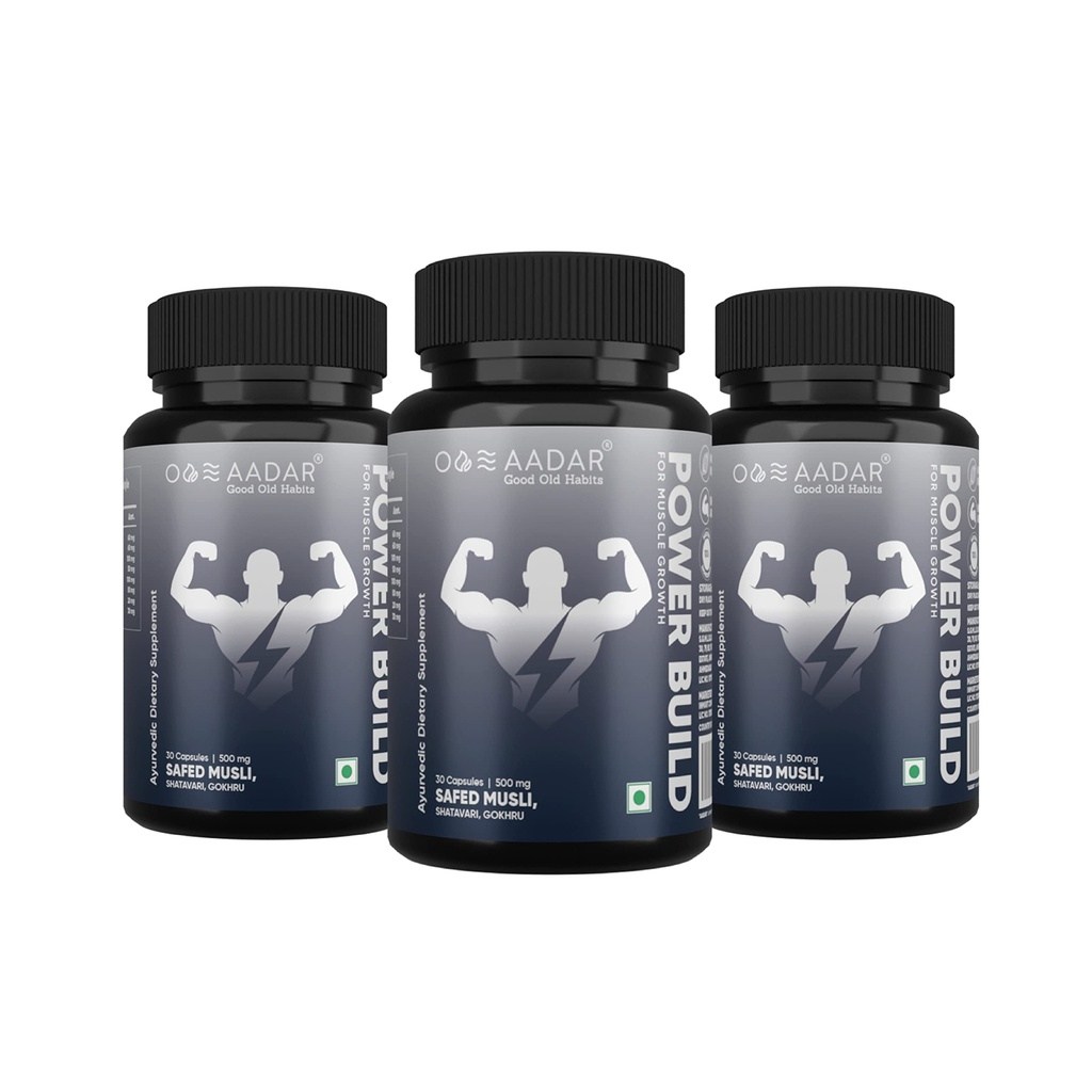 AADAR Power Build | Ayurvedic Real Muscle Maß Gainer | Verbessert Performance & Boost Metabolism | (Safed Musli, Gokhru, Shatavari) 30 Kapseln (Pack 3)