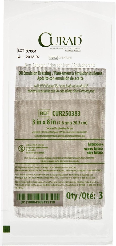 CURAD Robe d'huile d'émulsion stérile non-adhérente, 3" x 8", parfait pour le soin des blessures, pack de 648