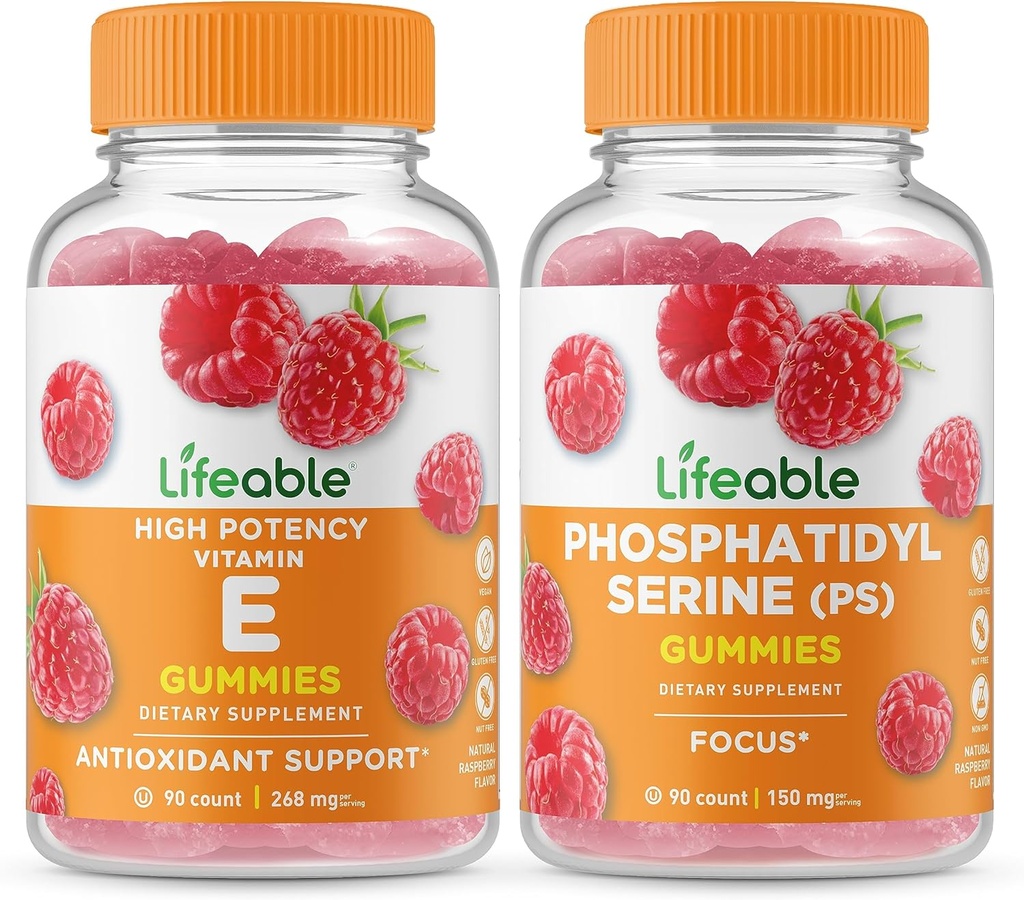 Vitamine vivante E + Phosphatidylsérine (PS), Gummies Bundle - Grande dégustation, supplément de vitamine, sans gluten, sans OGM, gummy à croquer