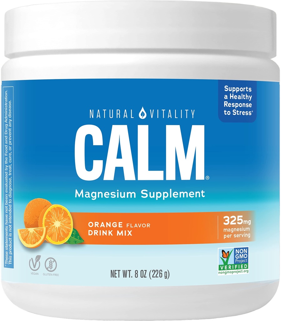 Naturale Vitalità Calma Magnesio Supplemento, Anti-Stress Bere Miscela Polvere, Senza Glutine, Vegan, & Non OGM, Arancione, 8 oz