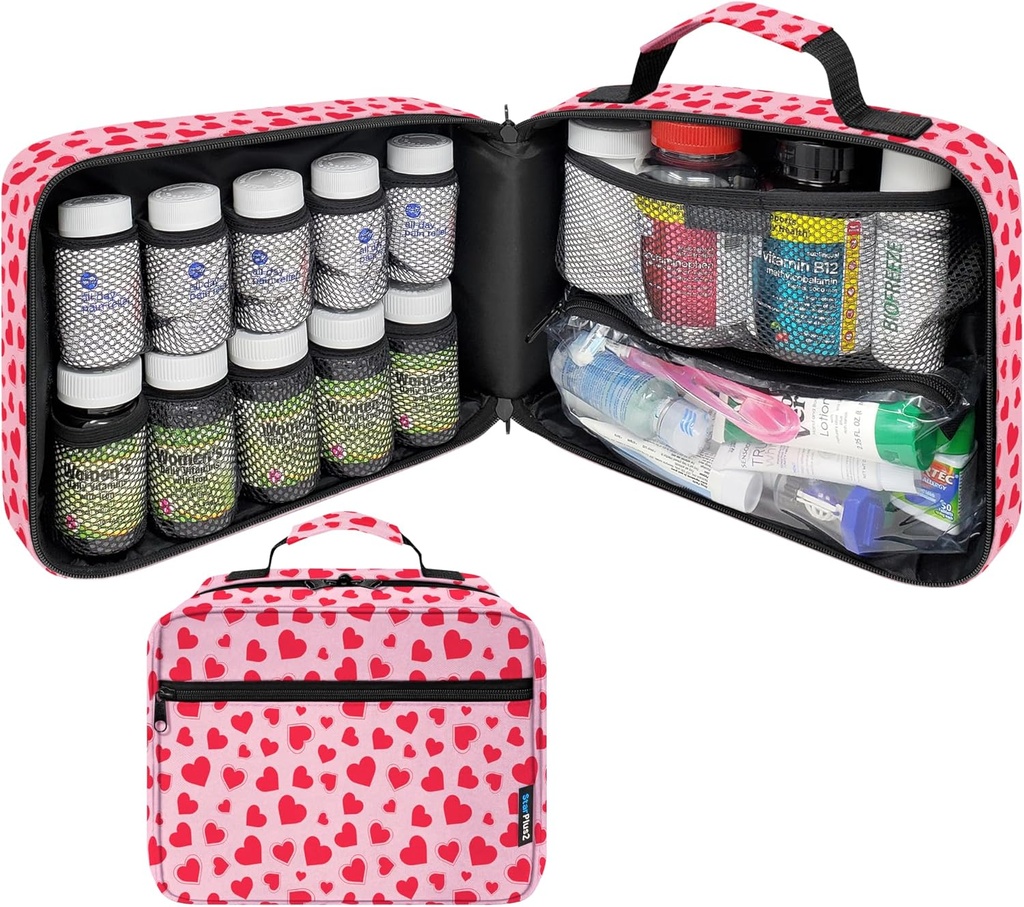 Große gepolsterte Pillen Flasche Organizer, Medizin Tasche, Case, Träger für Medikamente, Vitamine und medizinische Versorgung - Reisemedizin Organizer und Home Storage Med Bag - Herzen (Ohne Schloss)