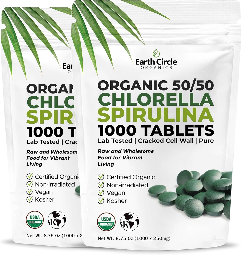 Premium Organic CHLORELLA /SPIRULINA 1000 Tabletten (50/50) Kosher, Vegan - Green Algae Superfood, Cracked Cell Wall, Chlorophyll, High in Protein & Eisen, keine Additive, oder Füllstoffe 8.75 Oz (2 Pack)