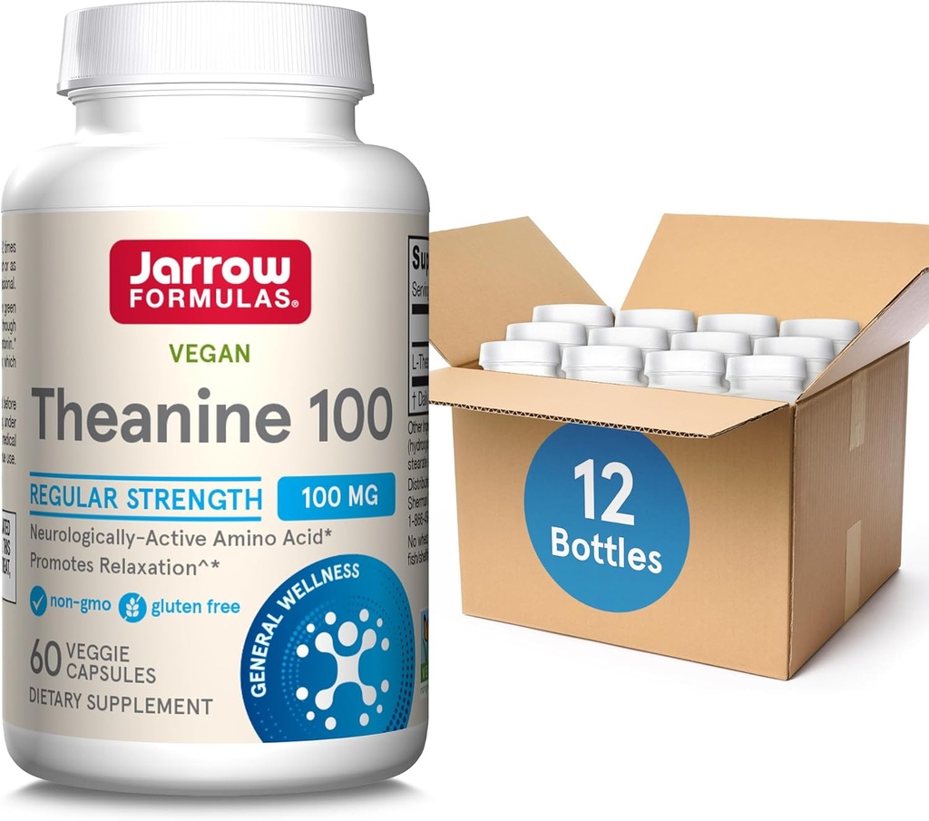 Jarrow Formeln Regular Strength Theanine 100 mg, Nahrungsergänzungsmittel, die Entspannung fördert, 60 Veggie Kapseln, 60 Tage Versorgung, Packung von 12