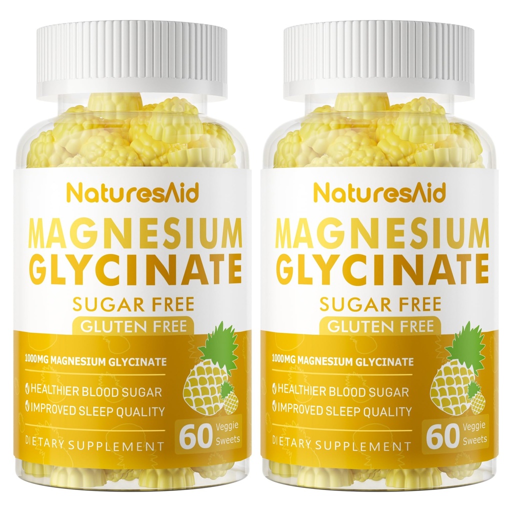 Magnesio Glycinate Gummies 1000mg - Zucchero Gratuito Magnesio Potassio Supplemento con Vitamina D, B6, CoQ10 per Calma Mood & Sleep Support - 120 Ananas Gummies -2 Pack