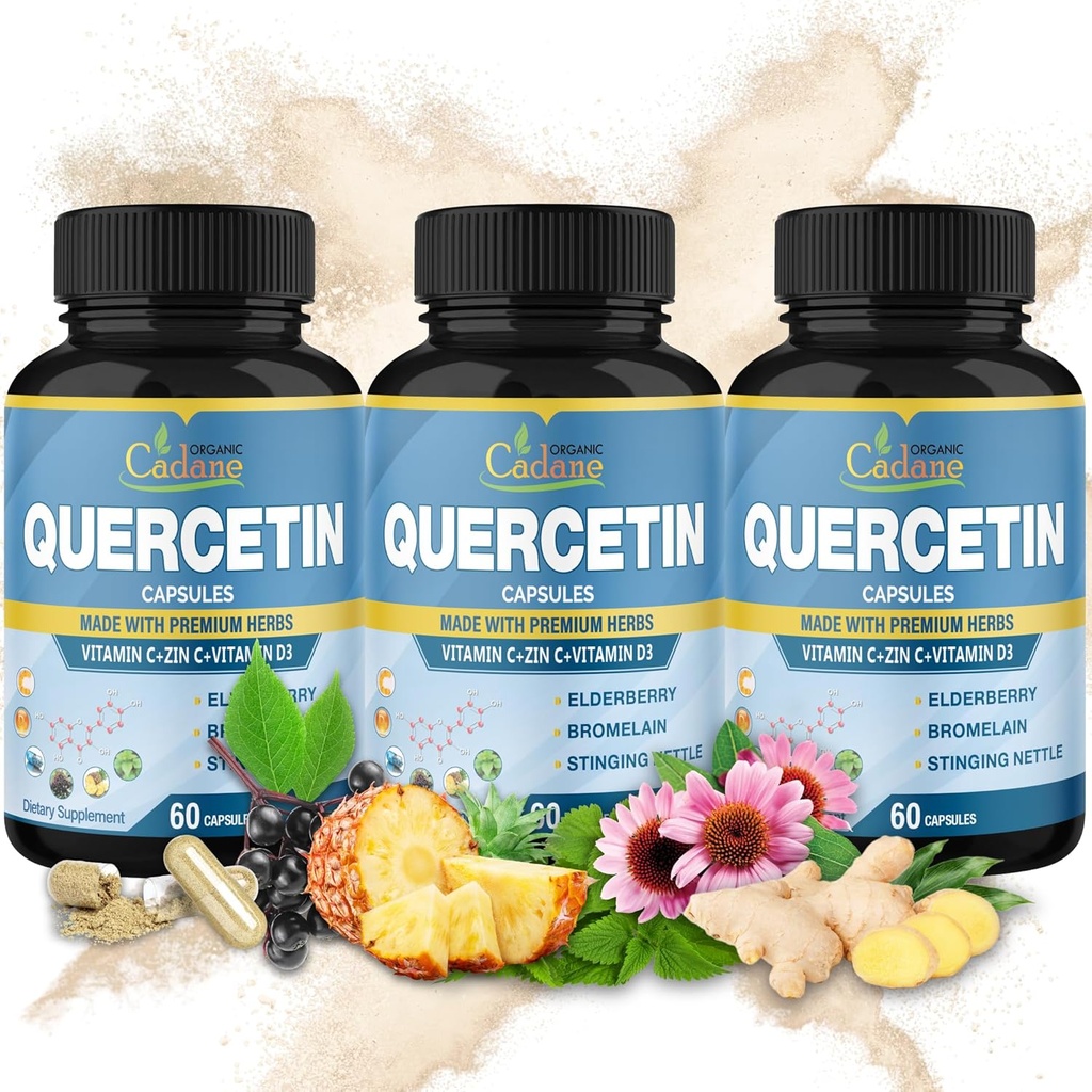 Bio Cadane 3 Packs 60 Capsules Quercetin Extract Capsules - Support Système immunitaire - Combiné avec Elderberry, Bromelain, Ginger, Echinacea et plus - Approvisionnement de 3 mois