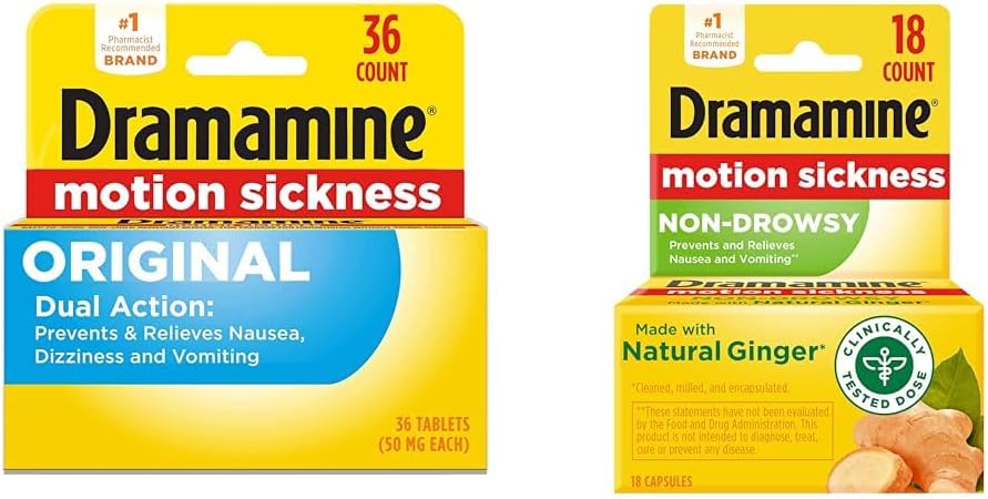 Dramamine Original, Motion Sickness Relief, 36 Count & Non-Drowsy, Motion Sickness Relief, Realizzato con Ginger naturale, 18 Count