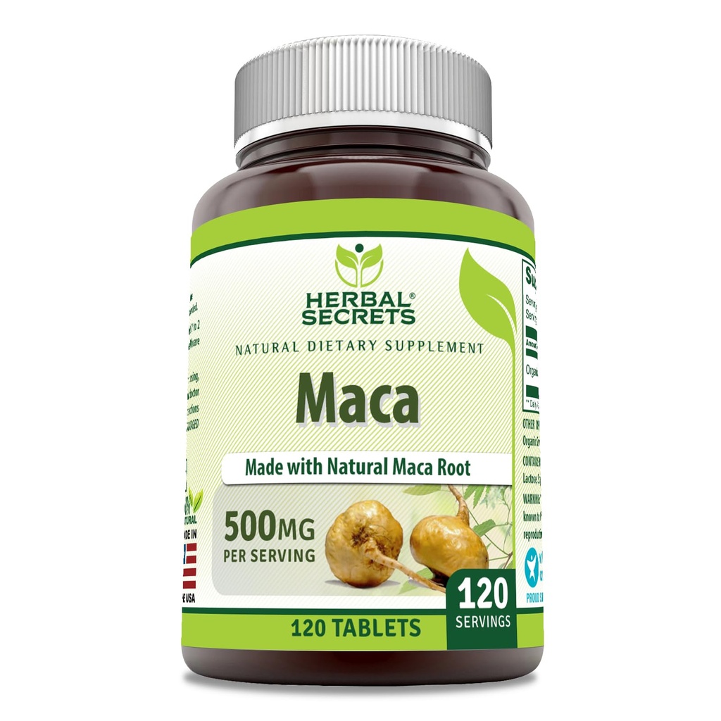 Herbal Secrets Maca Supplemento | 500 Mg Per Serving | 120 compresse | Non-GMO | Gluten Free | Made in USA