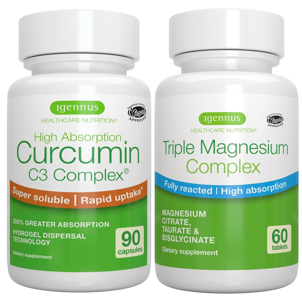 Complexe Triple Magnésium + Complexe de Curcumine Haute Absorption, Ensemble Vegan, Glycinate Chélaté Haute Absorption, Taurat & Citrate Magnésium + 300% Curcuminoïdes d'absorption plus grande avec prise rapide,