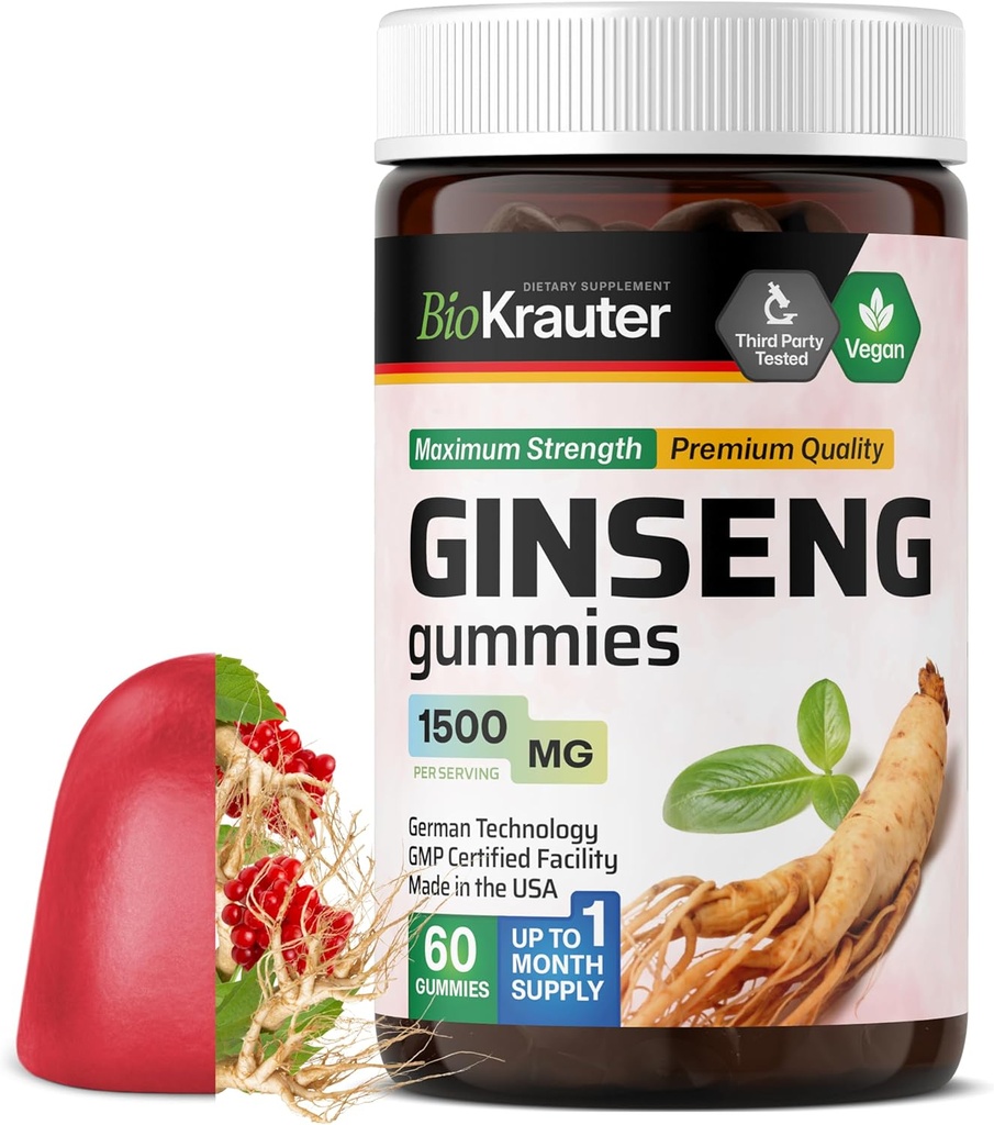 BIO KRAUTER Panax Ginseng Gummies - 1500 mg Résistance - 60 Compte - Supplément de ginseng rouge à croquer - Gummies de soutien immunitaire - Vegan, Pectine-Based, Non-OGM