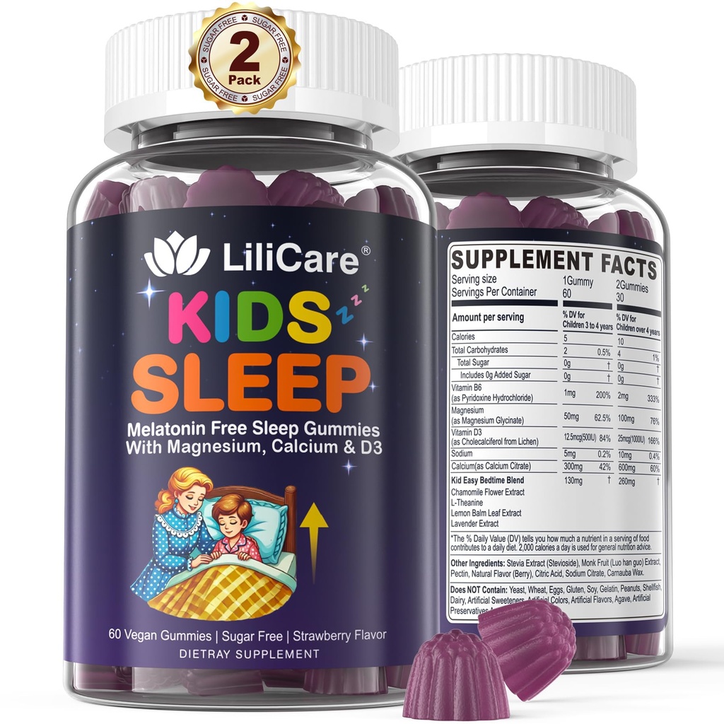 Kinder Schlafgummis - Magnesium Glycinate Gummis, Melatonin Kostenlose Schlafhilfe | Magnesium, Calcium, D3, B6, L Theanin | Kid Melatonin Alternative für restful Sleep (Pack mit 2)