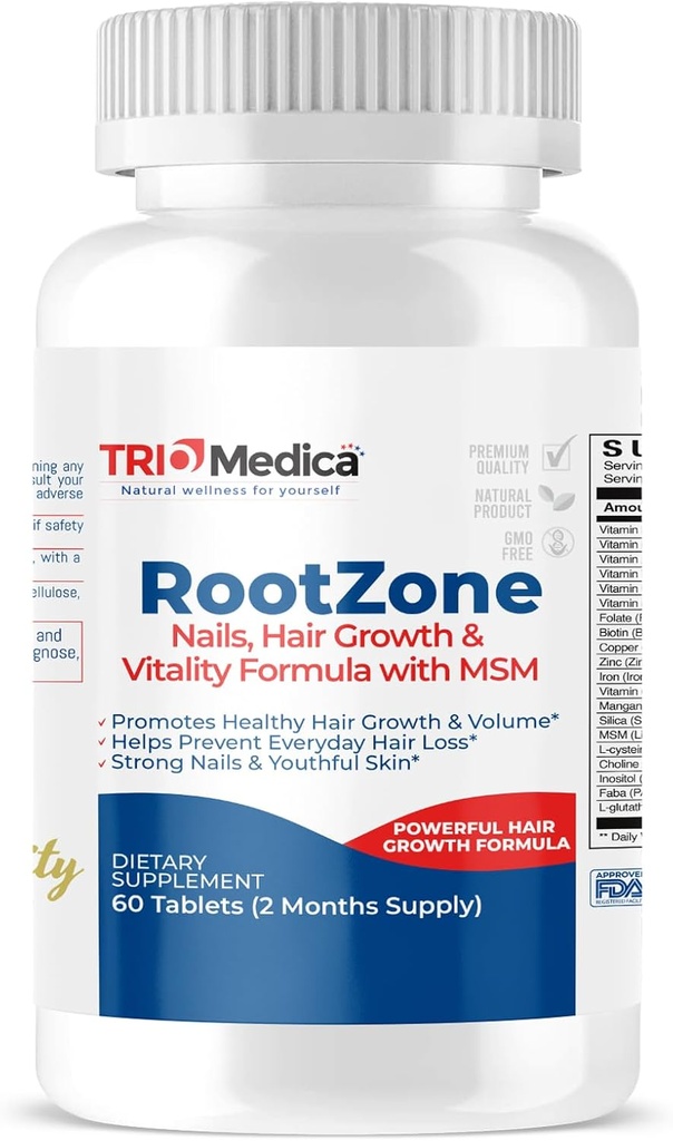 RootZone avec cheveux, peau et ongles MSM, plus de 20 ingrédients incluant biotine et MSM, 60 comprimés