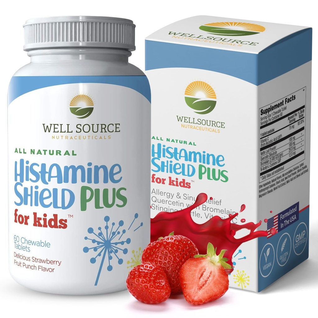 Supplément antihistaminique naturel, remède antiallergique pour enfants, sinus et allergies soulagement pour le pollen, l'animal de compagnie, la poussière, la moisissure et les odeurs, 60 pommes à mâcher