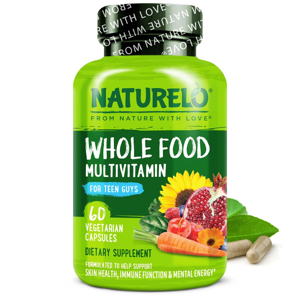 NATURELO Teen Multivitamin - Ganzes Lebensmittel Multivitamin für Teenager Jungen - Mineralische Ergänzung für aktive Kinder - mit Pflanzenextrakten - Non-GMO - Vegan & Vegetarisch - 60 Kapseln