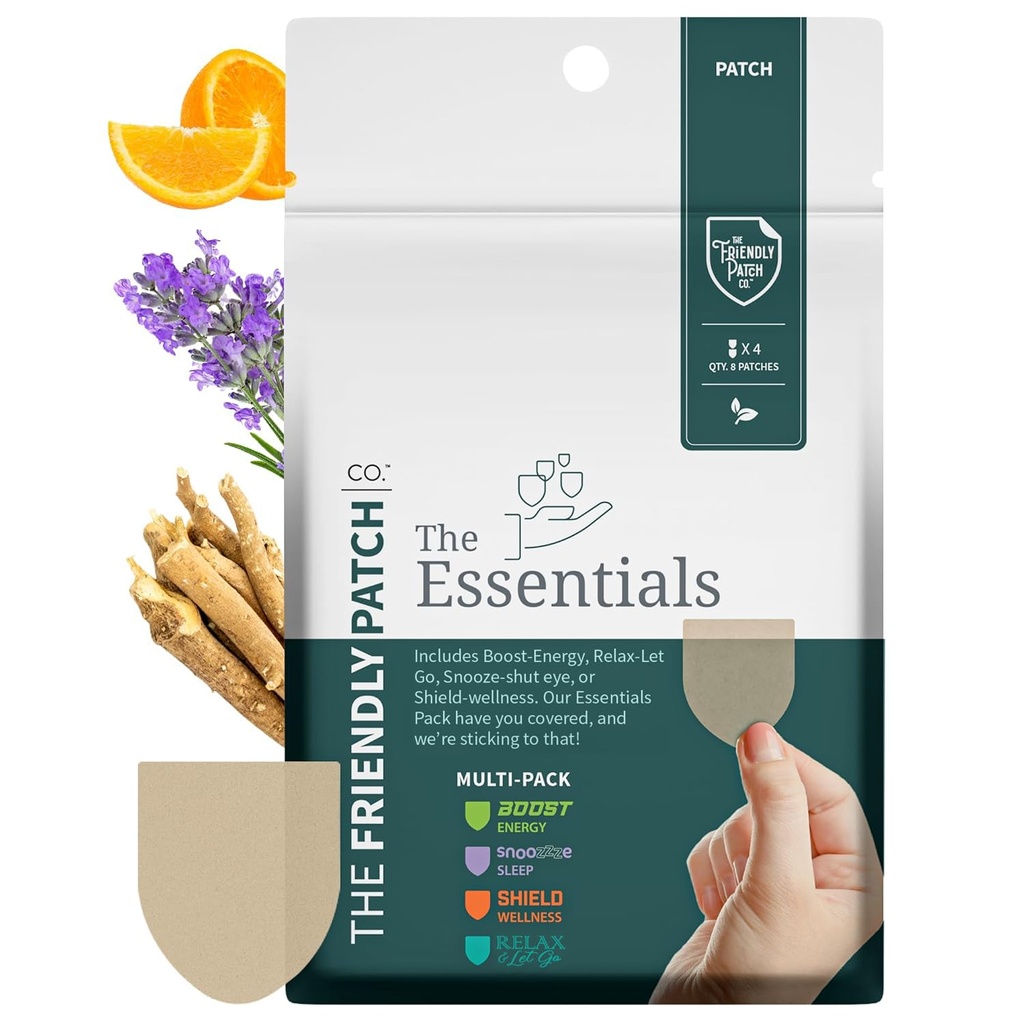 L'Amichevole Patch viaggiare Essentials Multi-Pack include 8 patch: Snooze Sleep Patches, Ashwagandha calma Patch, Boost Energy Patch, e Shield Patches per dormire, Relaxing, e l'energia.