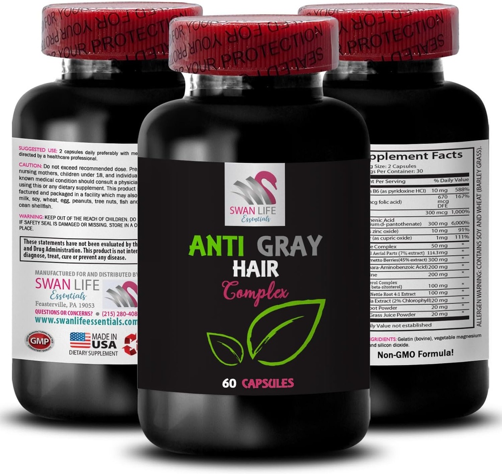 Anti graue Haarpillen - ANTI GRAY HAIR COMPLEX - Farbe Vitalität, Graue Haarpflege, Frischer Ton, Wibrant Farbe, Anti graue Haarergänzung, Haarschattenkontrolle, Jugendlich aussehen 1 Flasche 60 Kapseln