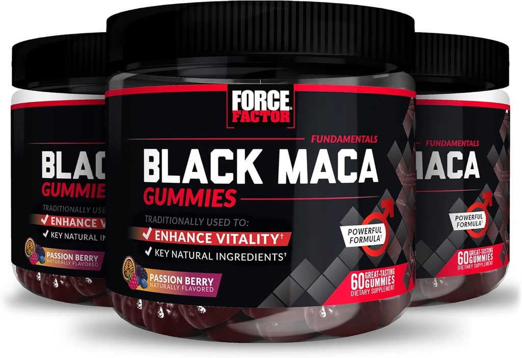 Kraftfaktor Black Maca Gummies, 3-Pack, Black Maca Root, um männliche Vitalität zu verbessern, Energie und Kraft zu erhöhen, mit BioPerine für hohe Absorption, Delicious Passion Berry Flavor, 180 Gummies