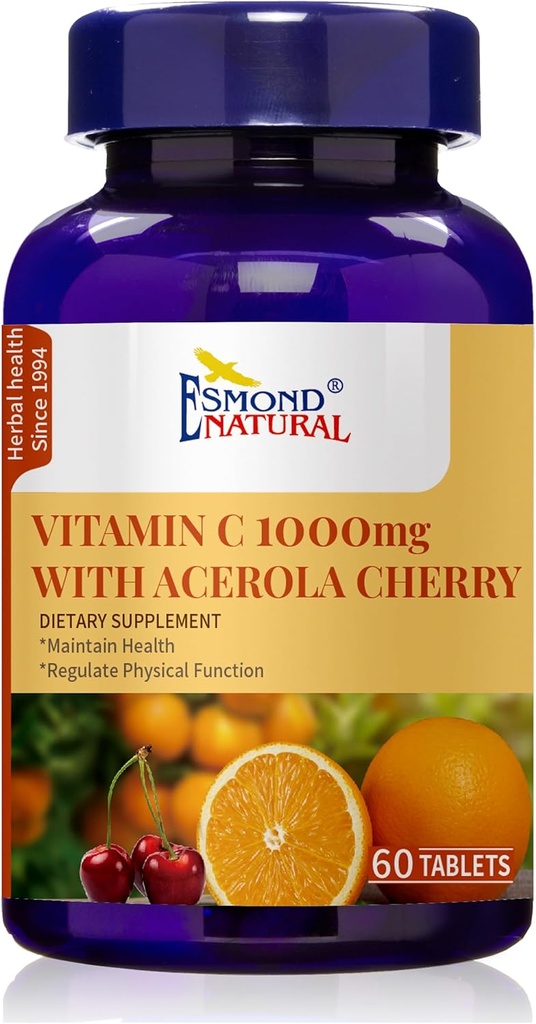 Vitamin C 1000mg mit Acerola Cherry (Unterstützung Immunsystem, Energiestufen, Haut Vitalität), GMP, Natürliches Produkt Assn Certified, Made in USA - 1000mg, 60 Tabletten