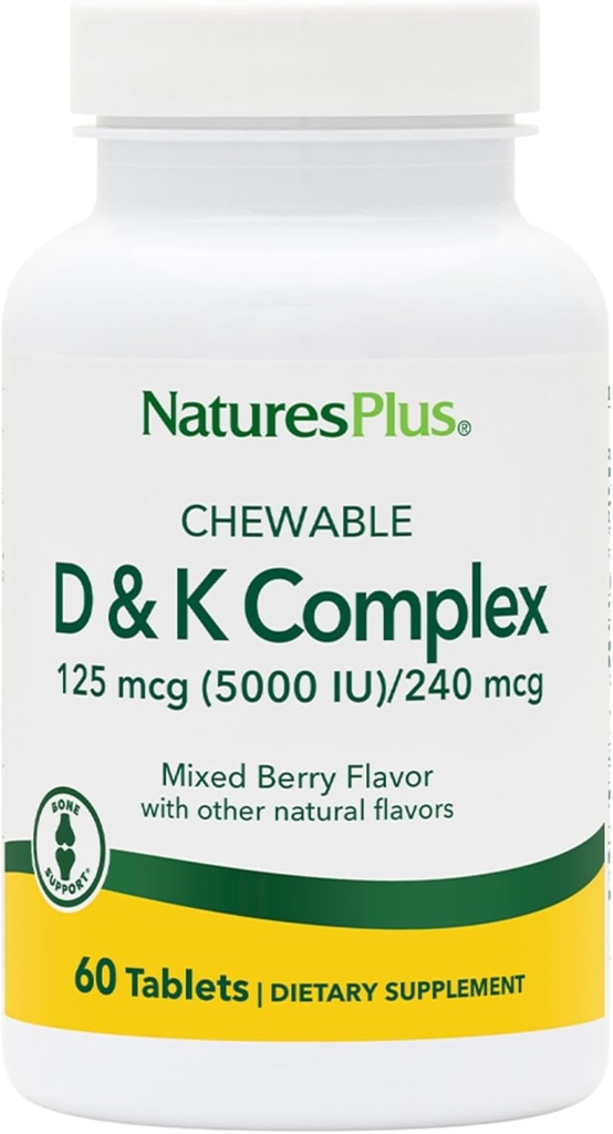 Natures Plus D & K Complex - 60 Mixed Berry Chewables - Unterstützt Calcium Metabolism - Vegetarisch, Non-GMO, Glutenfrei, Sojafrei - 60 Portionen