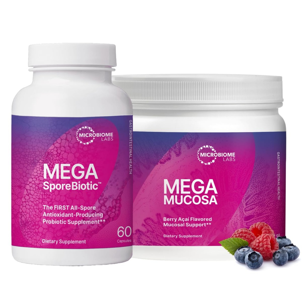 Microbiome Labs MegaSporeBiotic (60 capsule) + MegaMucosa (5.5oz Powder) Probiotico e Gut Mucosal Support Bundle - Probiotico a base di spore con immunoglobuline, Aminoacidi pillola di polvere