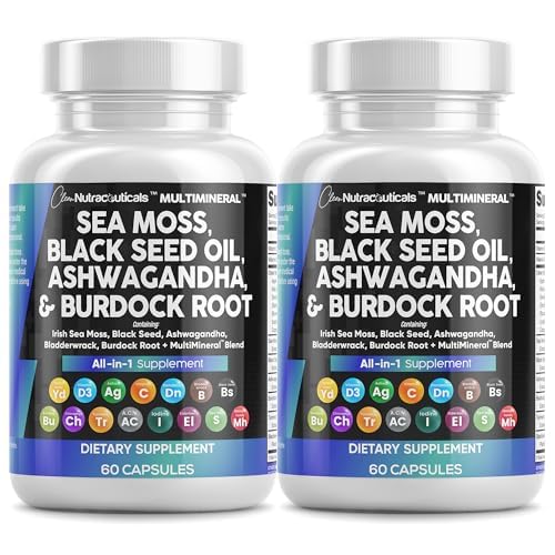 Nettoyant Nutraceutiques Huile de graines noires de mousse de mer Ashwagandha Turmeric Bladderwrack Burdock & Vitamine C Vitamine D3 avec Elderberry Manuka Dandelion Jaune Dock Iodine Chlorophyll ACV - 2Pack