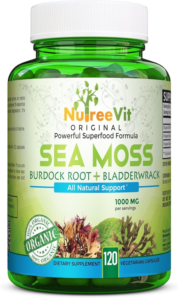 NutreeVit 100% Organic - Sea Moss + Bladderwrack + Burdock potente Superfood Formula (120 capsule)