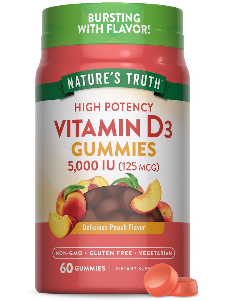 Nature's Truth Vitamin D3 Gummies | 5000 IU | 60 Count | Peach Flavor | Vegetarisch, Non-GMO & Gluten Kostenlose Ergänzung