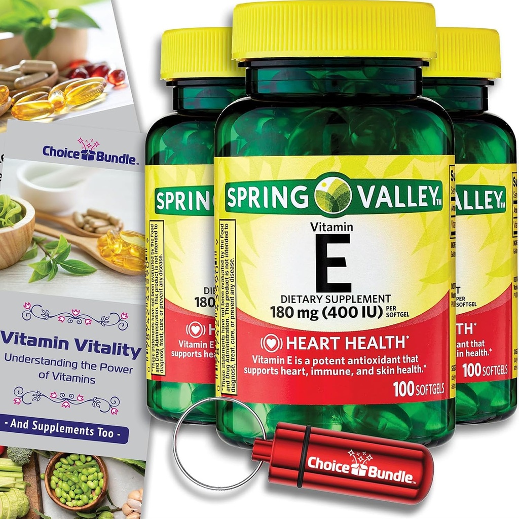 Wählen Sie Bundle Spring Valley Vitamin E Herz Gesundheit Nahrungsergänzung Softgels 180 mg (400 IU) 100 CT 3 pk (300 Insgesamt) + “Vitamin Vitality” Guide & Keychain Pill Container (5 Items)!