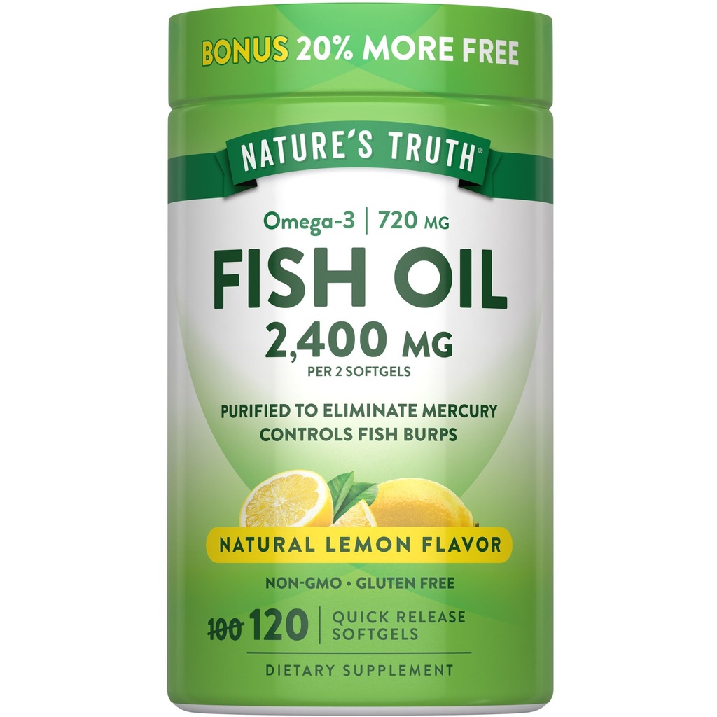 Nature's Truth Fish Oil 2400mg | 120 Quick Release Softgels | 720 mg Omega 3 | Burpless Lemon Flavor Pillen | Non-GMO & Gluten Kostenlose Ergänzung