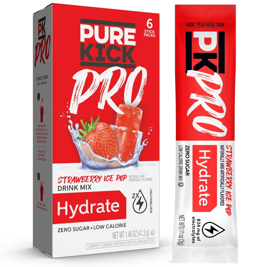 PURE KICK PRO Hydration Elektrolyt Getränke Mix, Erdbeere Ice Pop, enthält 1 Box mit 6 Paketen in jeder Box