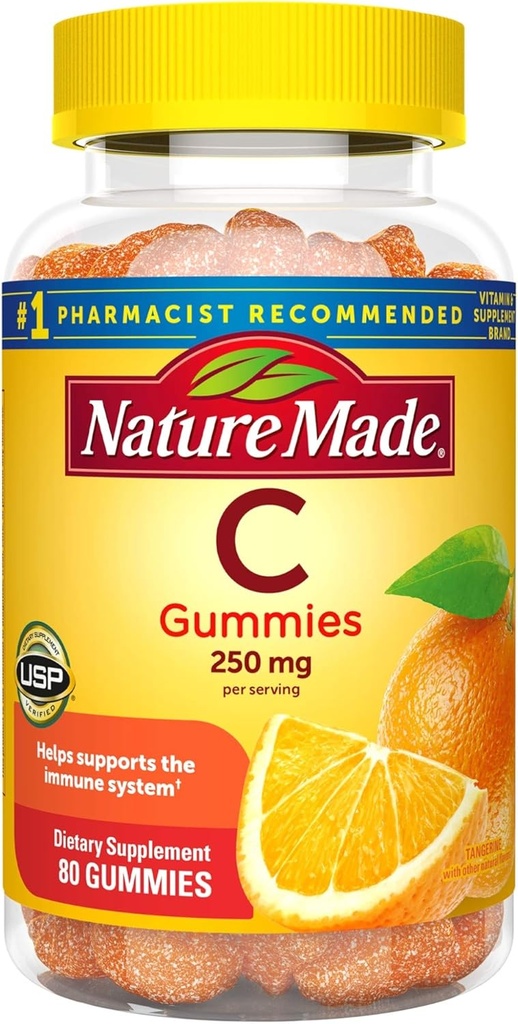 Vitamin C Gummies 250 mg, 80 Count, Für Immununterstützung, Antioxidantienunterstützung, Kollagenunterstützung für Hautgesundheit, Tangerine