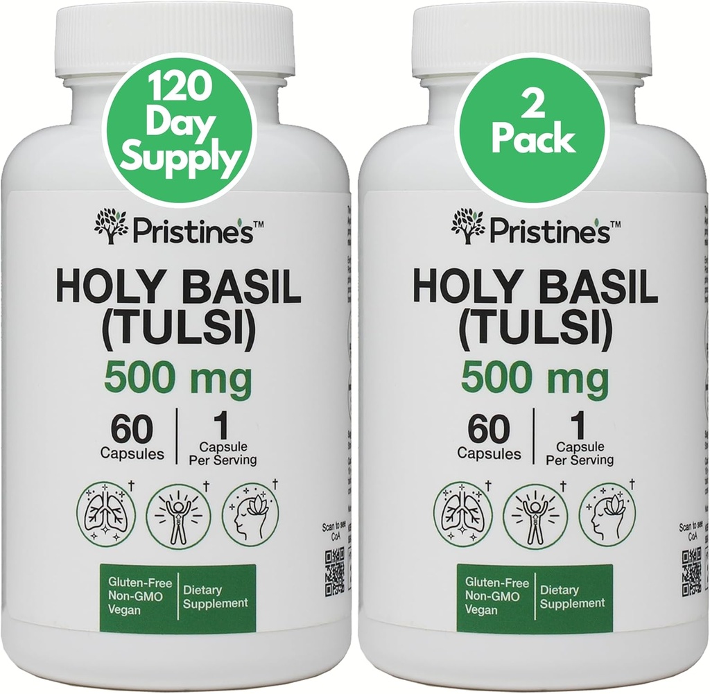 Basilio Santo di PRISTINE (Tulsi) 500 mg (2 Pack) Rilassamento e supporto immunità Supplemento di Adaptogen - 120 giorni di alimentazione - San Basilio Leaf Capsule - Vegan - Non-GMO - Integratori senza glutine