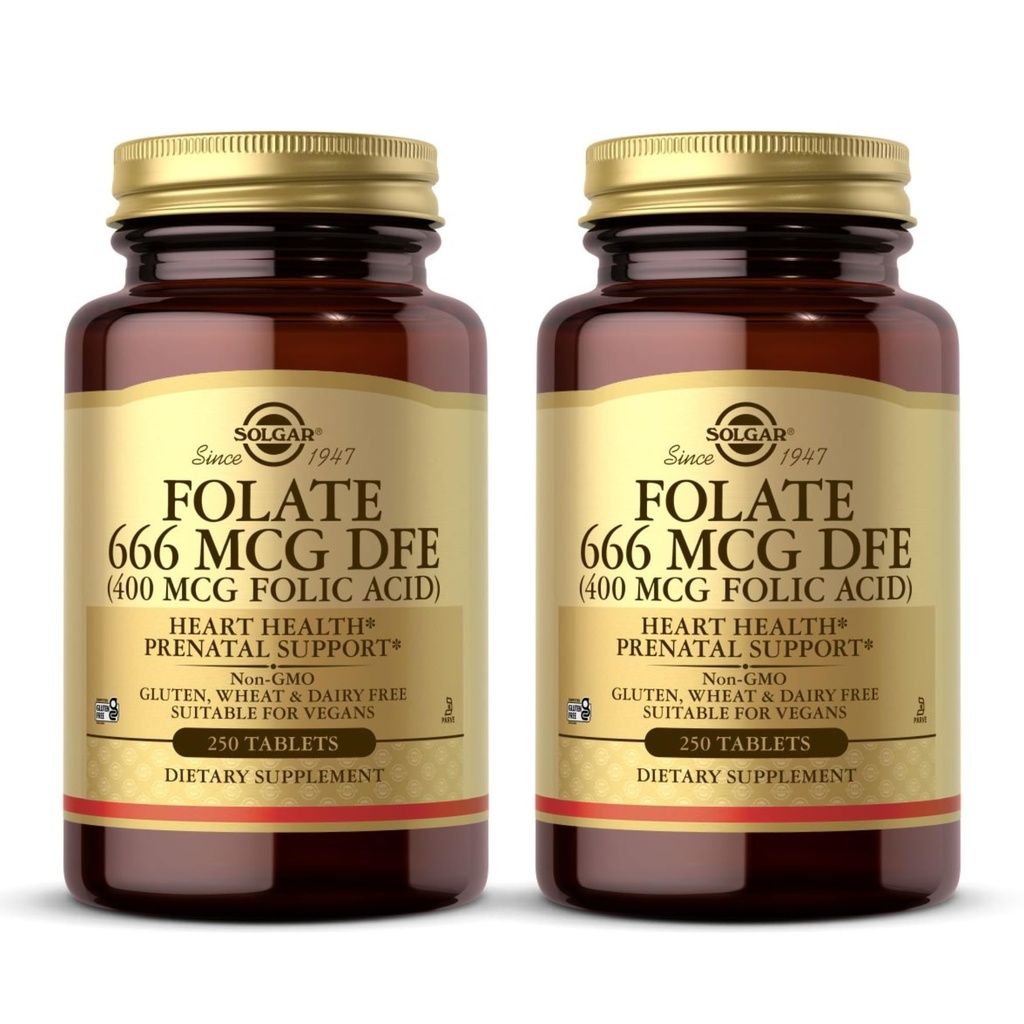Solgar Folate 666 mcg DFE (acido folico 400 mcg) - 250 compresse, Confezione da 2 - Supporto prenatale - Non OGM, Vegan, Gluten Free, Dairy Free, Kosher - 500 Total Servings
