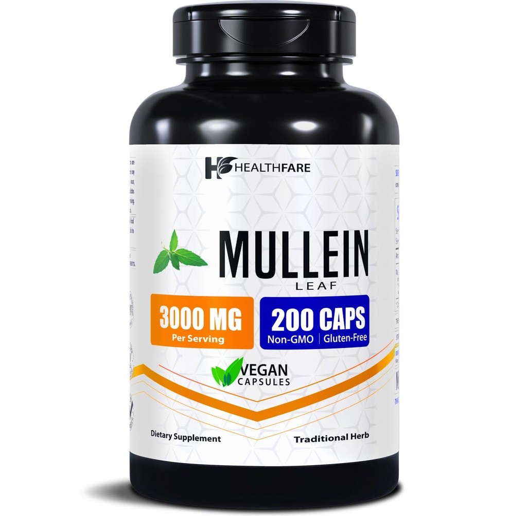 Healthfare Mullein Leaf Extract 3000mg.200 Capsules Vegan.com Supplément à base de plantes extra-fort.com soutient le bien-être et l'équilibre.