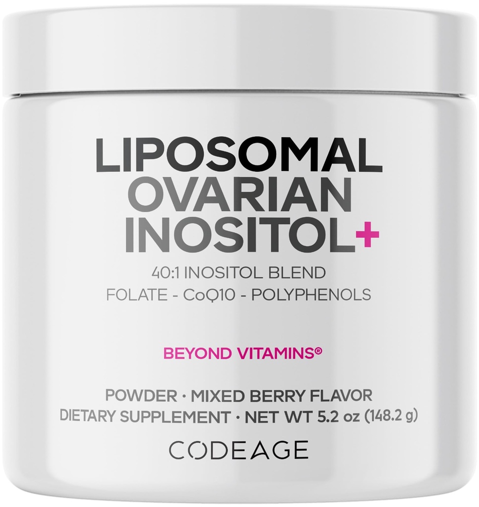 Codeage Liposomal Ovarian Inositol Pulver - Myo-Inositol & D-Chiro-Inositol 40:1 Blend, Folate 5-MTHF, CoQ10, Granatapfel & Wild Blueberry - 2-Monats-Versorgung - Gemischte Beeren-Flaschen - Non-GMO, 60 Servietten